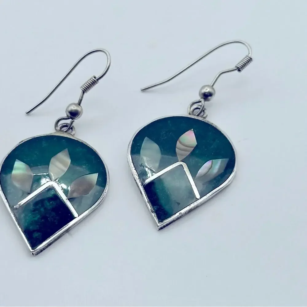 Mexico Alpaca Silver Dangle Earrings Floral Abalone Shell Inlay Casual Jewelry